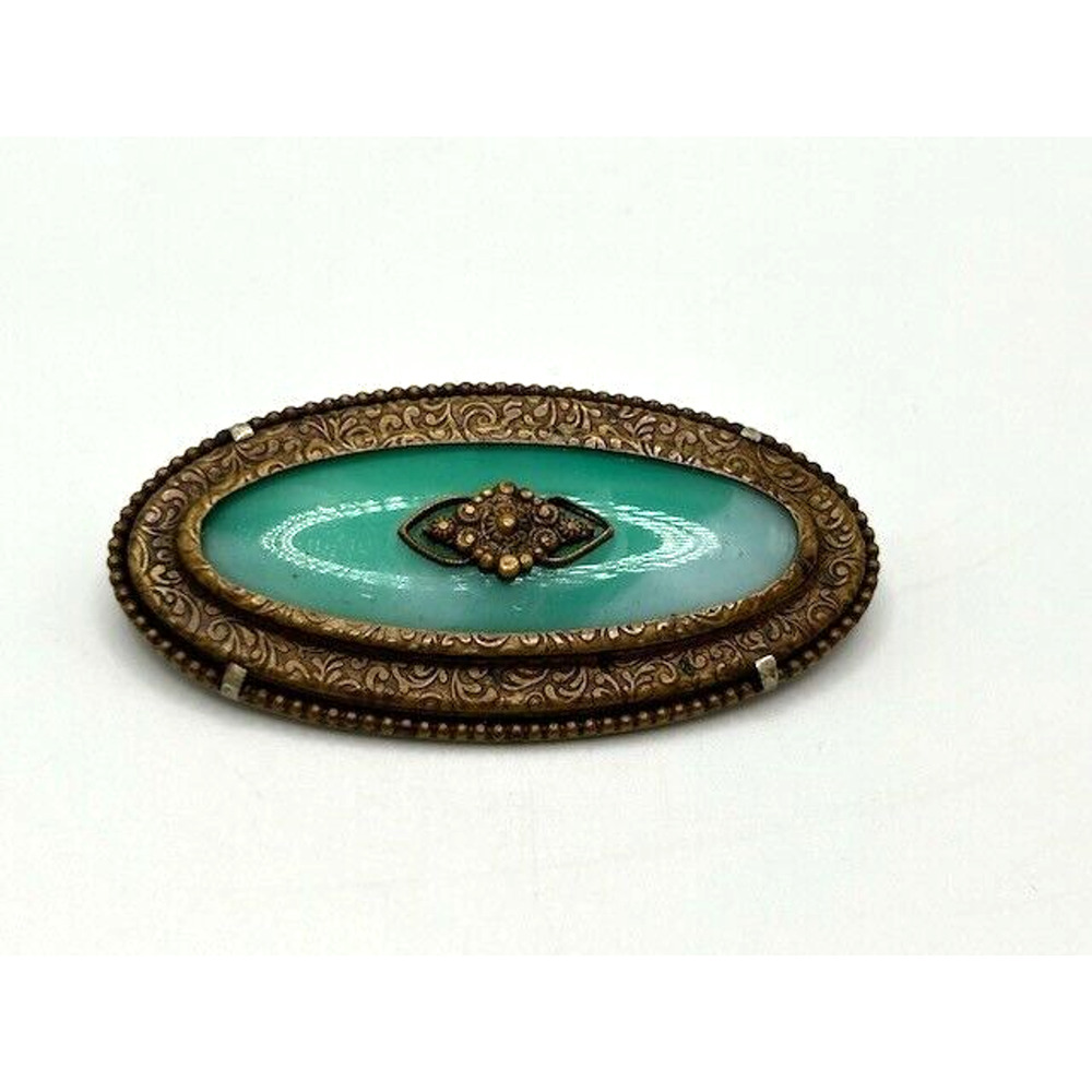 Vintage Brass & Jadeite Glass Art Nouveau Oval Brooch Pin Marked France‎